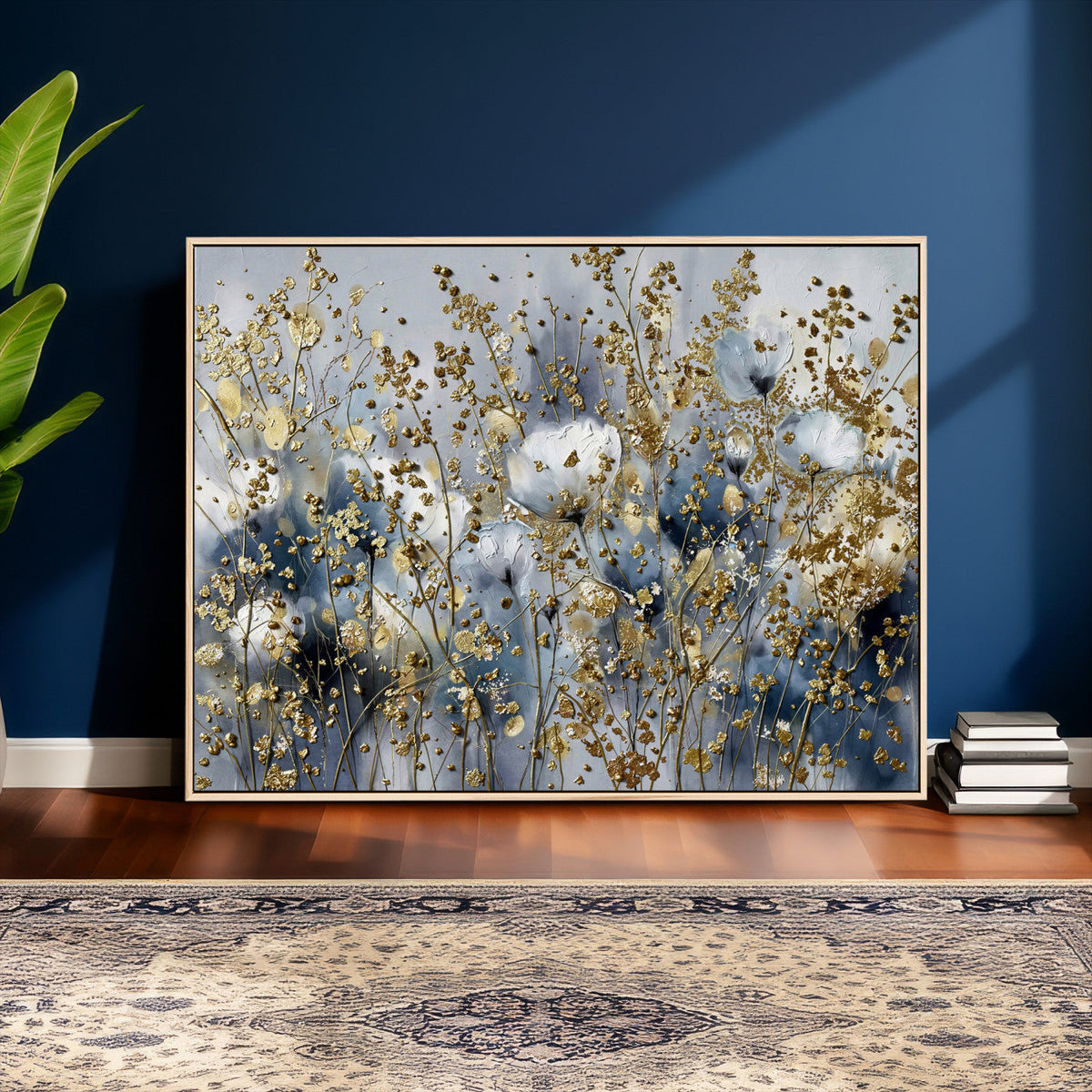 Abstract Floral Wall Art Canvas Print – Gold and Blue
