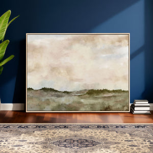 Muted Watercolor Hill Landscape Print — Beige Taupe Cloudy