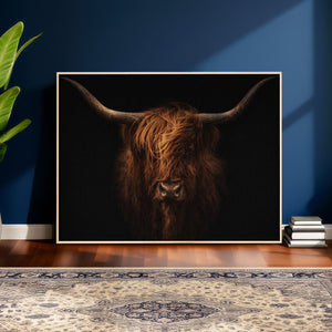 Highland Cow Wall Art Canvas Print – Moody Dark Rustic