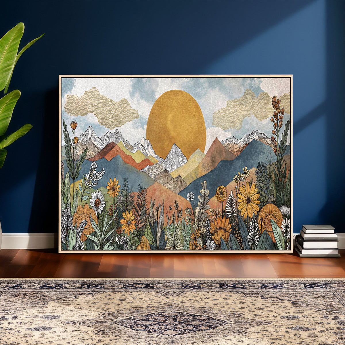 Boho Mountain Landscape Large Wall Art, Horizontal Gold