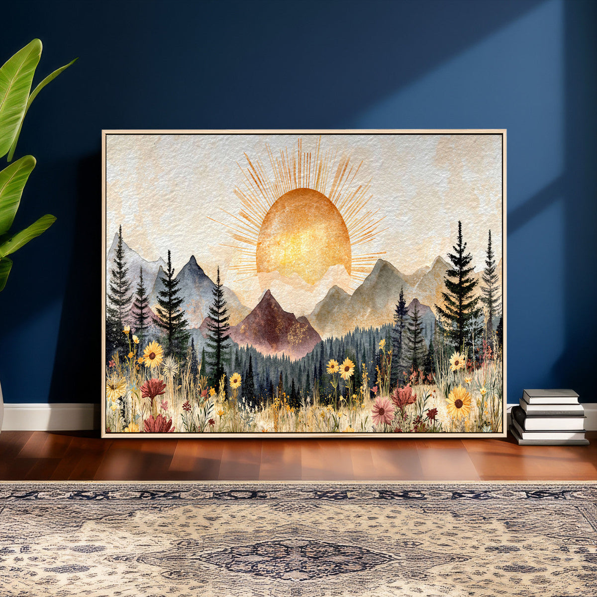 Boho Mountain Landscape Large Wall Art, Horizontal Gold