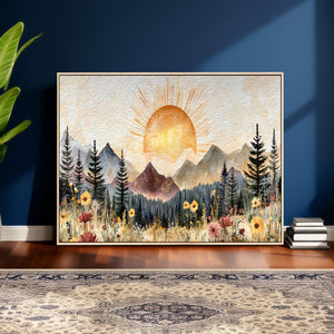 Boho Mountain Landscape Large Wall Art, Horizontal Gold