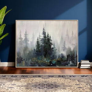 Misty Pine Forest Oil Painting Canvas — Dark Moody Teal Grey