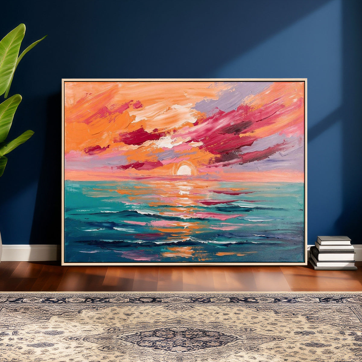 Bold Palette Knife Ocean Sunset Canvas — Orange Pink Teal