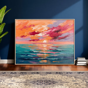 Bold Palette Knife Ocean Sunset Canvas — Orange Pink Teal