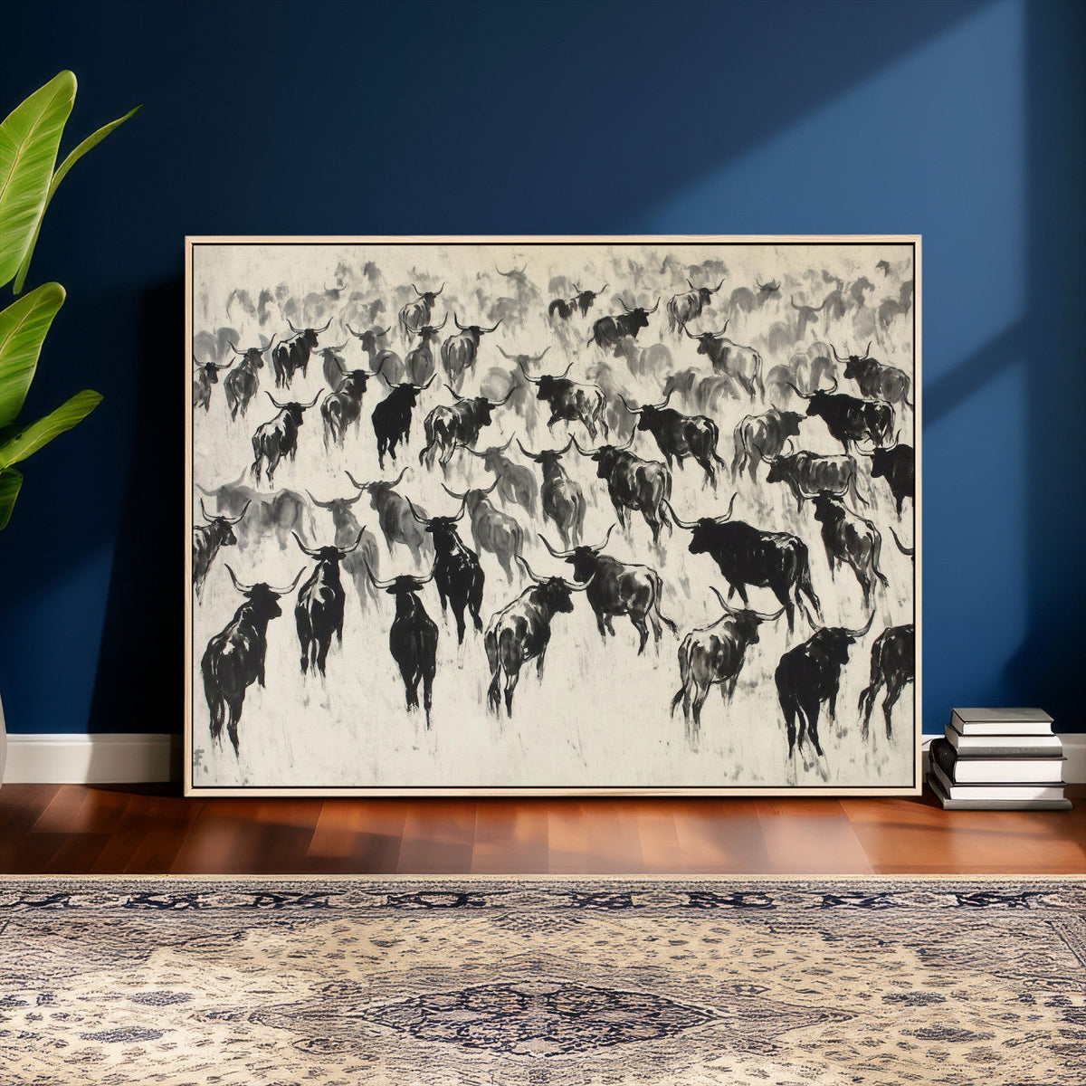 Longhorn Cattle Canvas Wall Art, Black White Stampede Ink