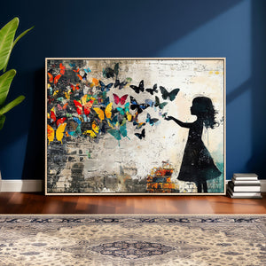 Banksy Butterfly Girl Wall Art Canvas Print, Framed Street