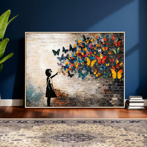 Banksy Graffiti Butterfly Girl Wall Art Canvas Print, Framed