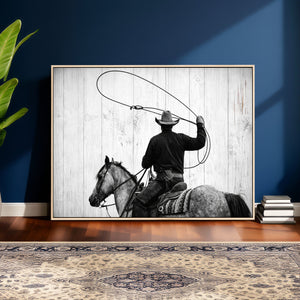 Cowboy Lasso Canvas Wall Art, Black White Western Horse