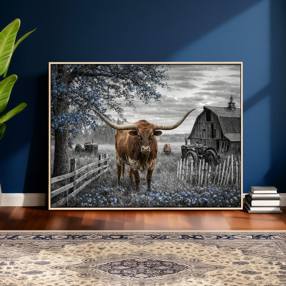 Texas Longhorn Canvas Wall Art, Rustic Farm Barn Bluebonnet