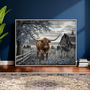 Texas Longhorn Canvas Wall Art, Rustic Farm Barn Bluebonnet