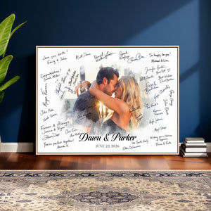 Wedding Guest Book Alternative Wall Art Canvas Print, Personalized Wedding Signature Poster, Custom Couple Photo Guestbook Canvas, Bridal Shower Reception Decor