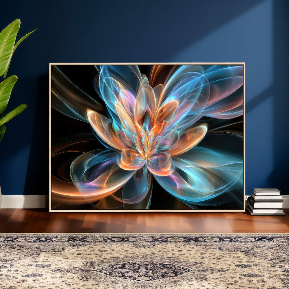 Fractal Lotus Canvas Wall Art, Blue Orange Glowing Flower Abstract Print, Modern Zen Meditation Room Decor, Ethereal Digital Art, Living Room