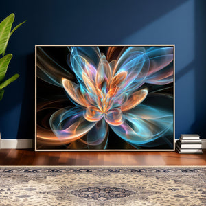 Fractal Lotus Canvas Wall Art, Blue Orange Glowing Flower Abstract Print, Modern Zen Meditation Room Decor, Ethereal Digital Art, Living Room
