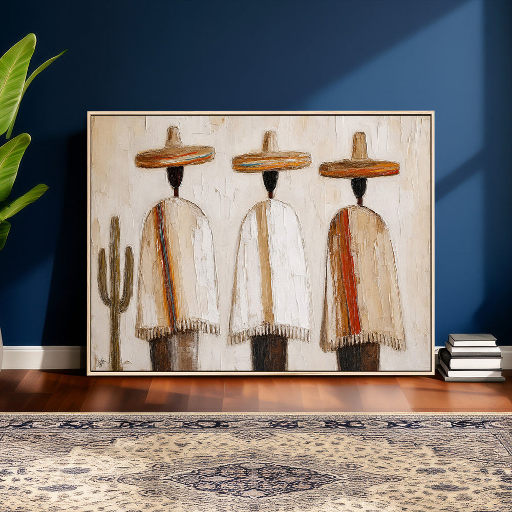 Mexican Wall Art Canvas Print, Southwestern Sombrero Poncho Painting, Neutral Earthy Boho Decor, Fiesta Living Room Art, Impasto Style Print