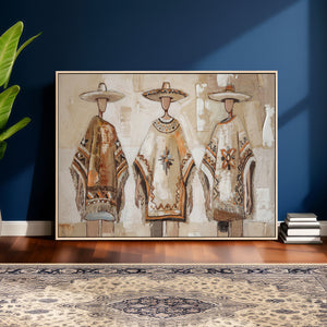 Mexican Folk Art Canvas Wall Art, Charro Poncho Sombrero Painting Print, Neutral Beige Boho Decor, Southwestern Impasto Style, Living Room Art