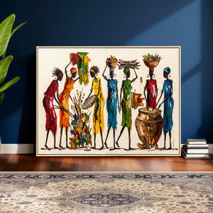 African Folk Art Canvas Wall Art, Colorful African Women Village Painting Print, Tribal Ethnic Home Decor, Vibrant African Art, Living Room