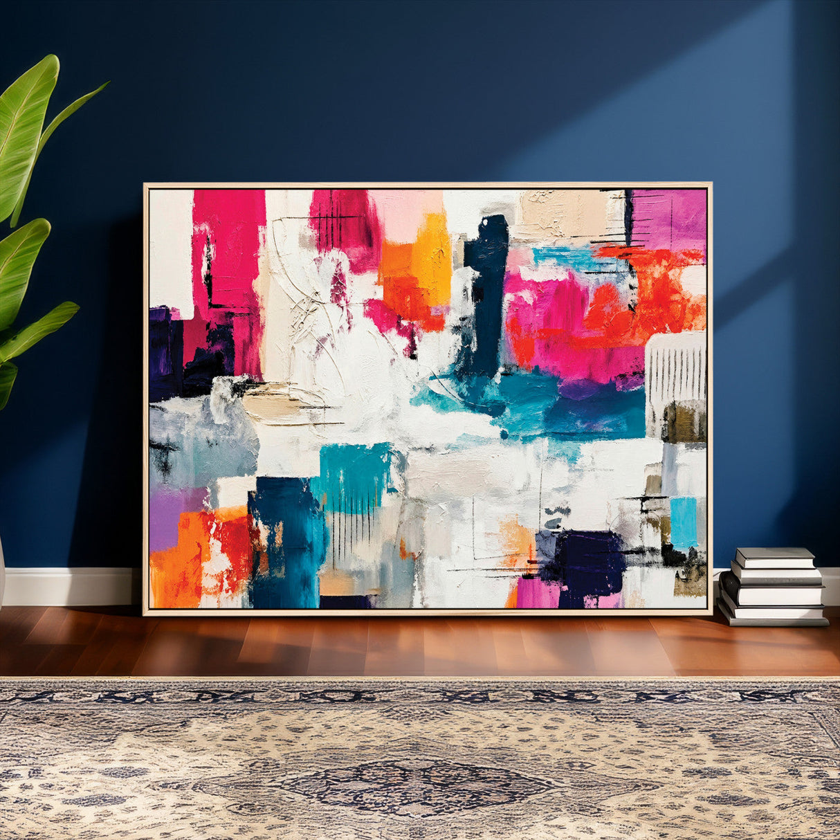 Blue Teal Abstract Canvas Wall Art, Modern Textured Painting Print, Navy Orange White Contemporary Art, Neutral Living Room Decor, Office Art