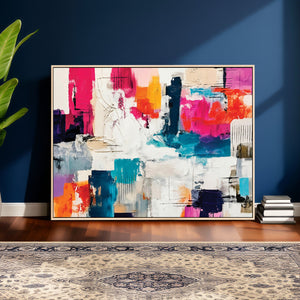 Blue Teal Abstract Canvas Wall Art, Modern Textured Painting Print, Navy Orange White Contemporary Art, Neutral Living Room Decor, Office Art