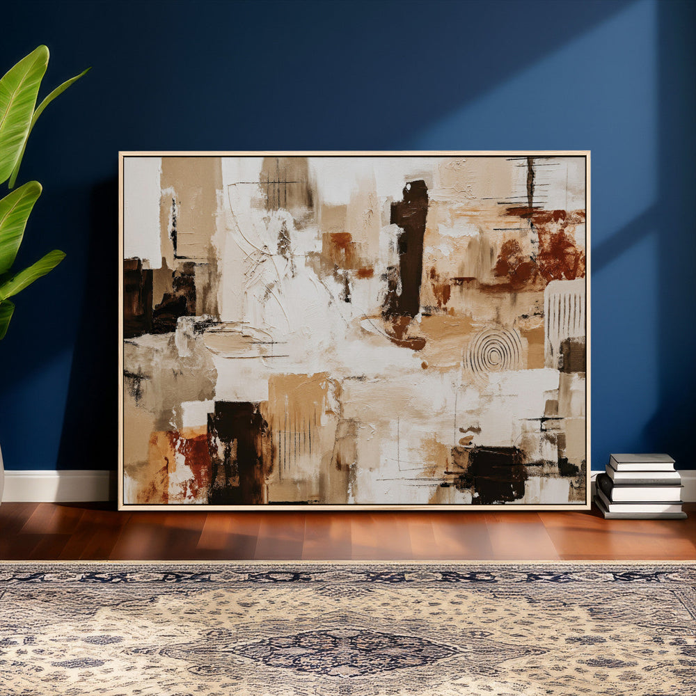 Blue Teal Abstract Canvas Wall Art, Modern Textured Painting Print, Navy Orange White Contemporary Art, Neutral Living Room Decor, Office Art