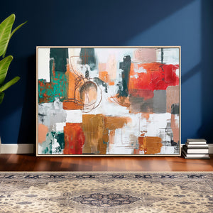 Blue Teal Abstract Canvas Wall Art, Modern Textured Painting Print, Navy Orange White Contemporary Art, Neutral Living Room Decor, Office Art