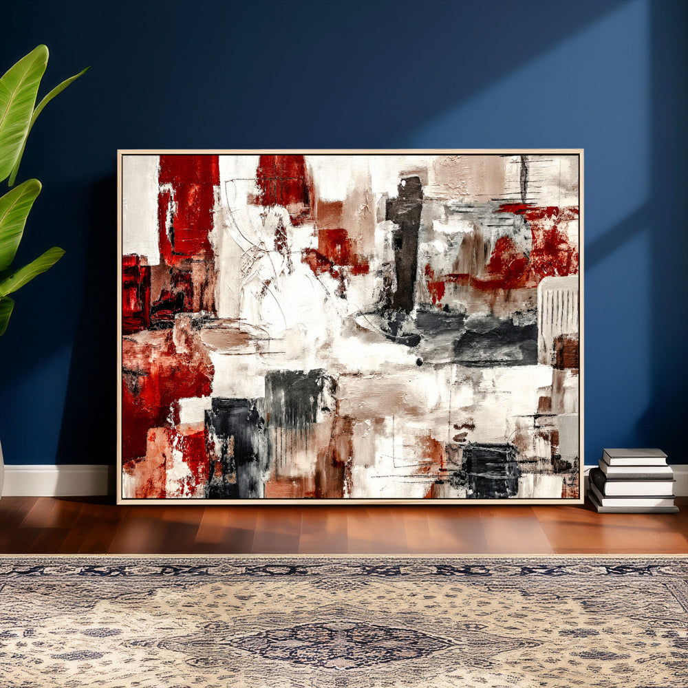 Blue Teal Abstract Canvas Wall Art, Modern Textured Painting Print, Navy Orange White Contemporary Art, Neutral Living Room Decor, Office Art