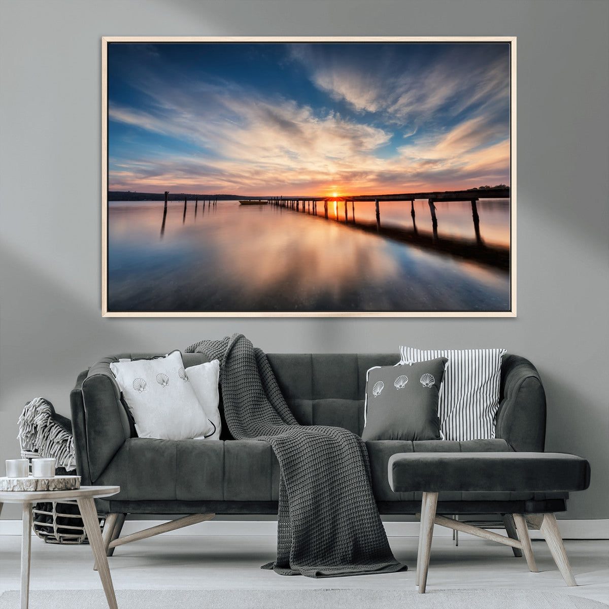 Wooden Pier on Seascape and Sunset Wall Art Canvas Print
