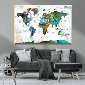 Modern Watercolor World Map Canvas Wall Art – Framed