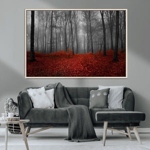 Red Forest Floor Canvas Wall Art – Mystical Foggy Woodland