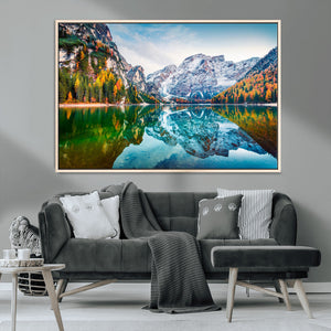 Spectacular autumn view of Braies Lake Wall Art Canvas Print