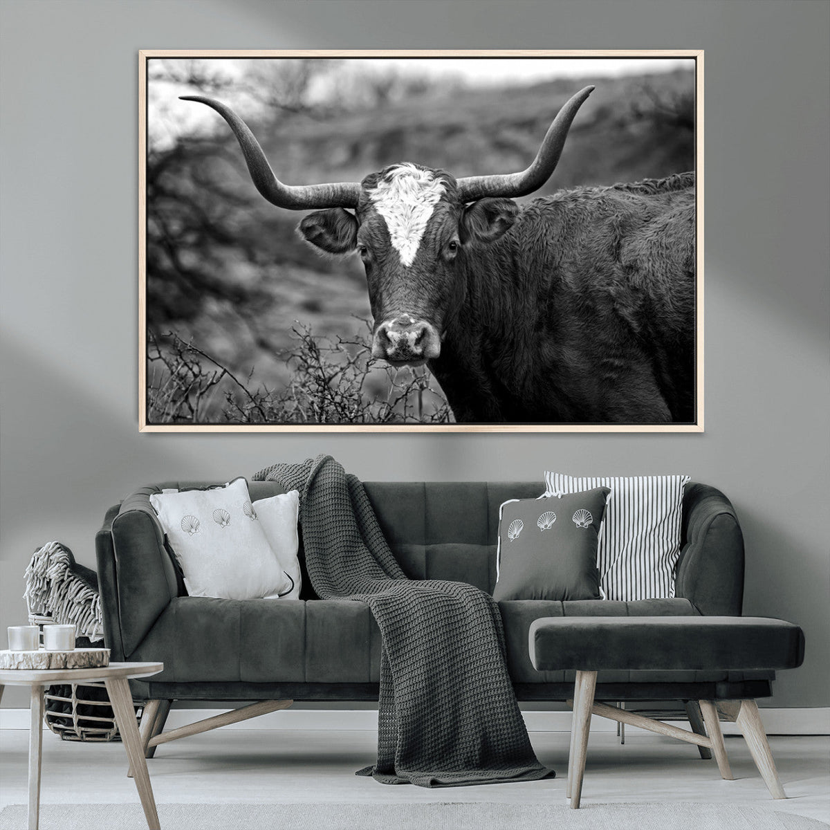 Western Home Wall Art Canvas Print, Framed Texas Longhorn