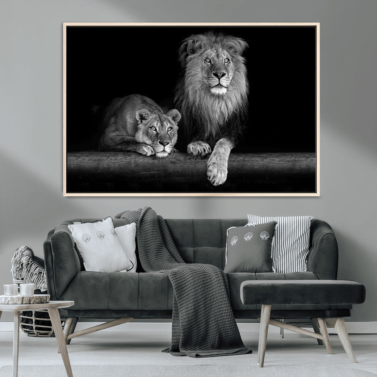 Large Black and White Lion Couple Wall Art Canvas Print –