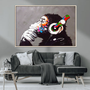 Dj Monkey Listening to Music Wall Art Print | Banksy Monkey