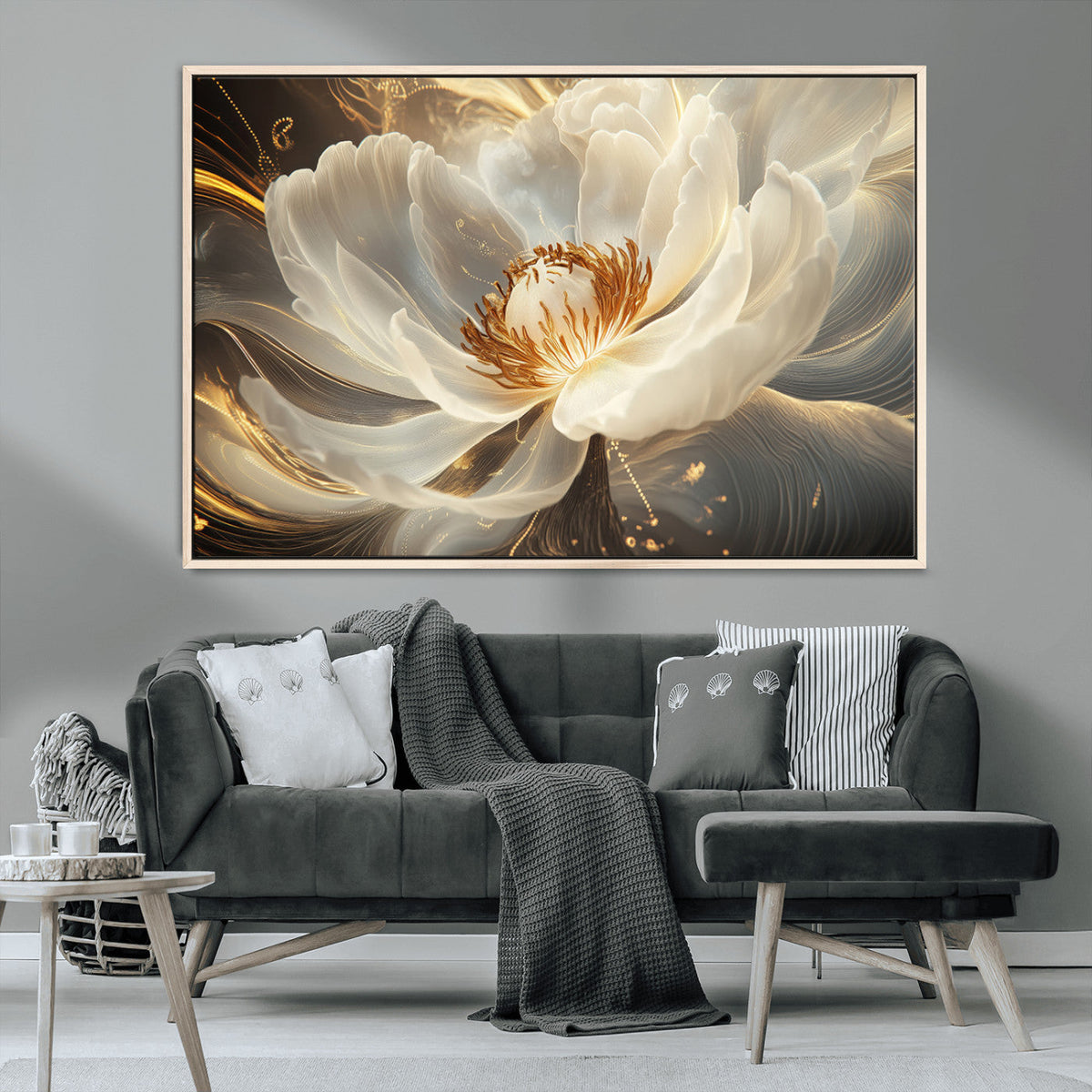 Gold Floral Wall Art Canvas Print, Framed Modern Flower Art