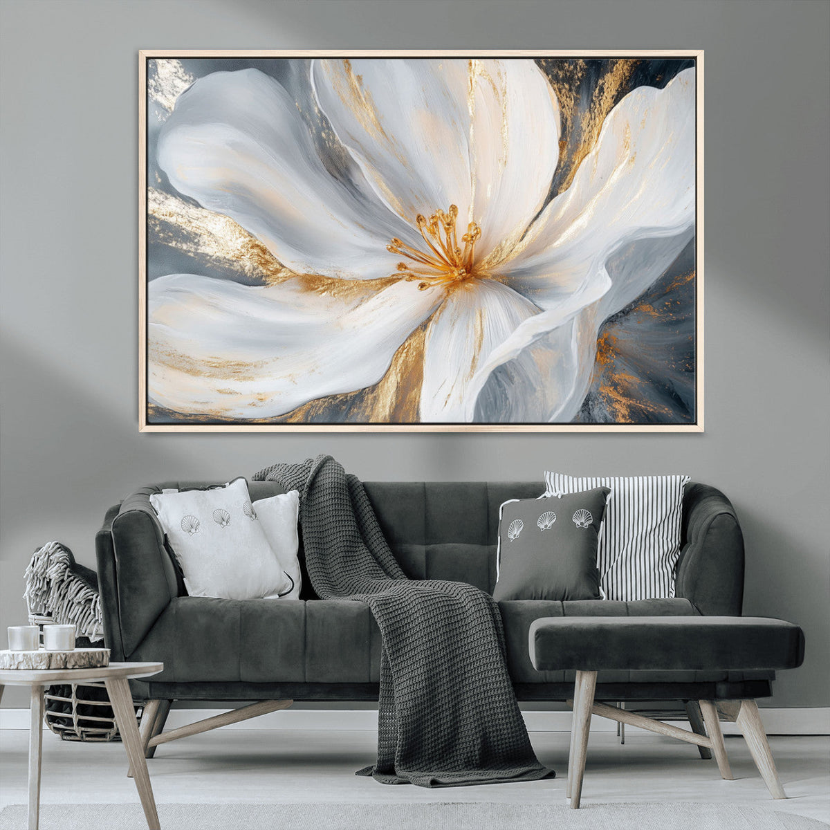 White and Gold Floral Canvas Wall Art - Framed and Ready to