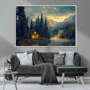 Mountain Cabin by the Lake at Sunset Wall Art - Serene