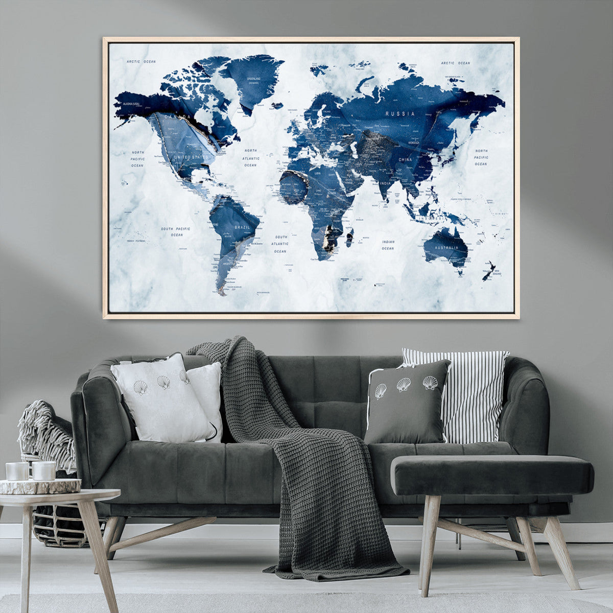 Modern Blue World Map Canvas Print – Framed Wall Art,