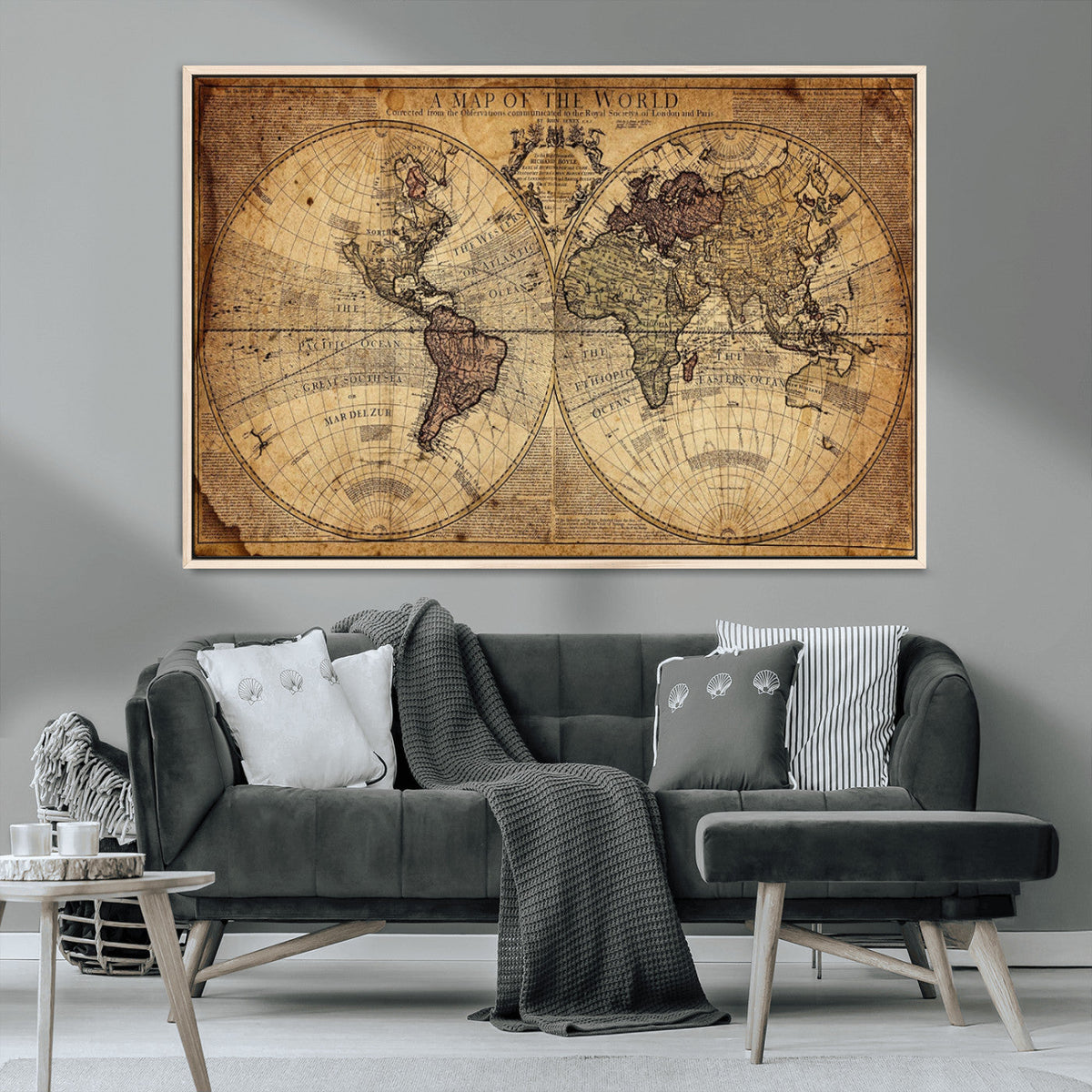 Vintage World Map Wall Art Canvas – Antique Style Push Pin