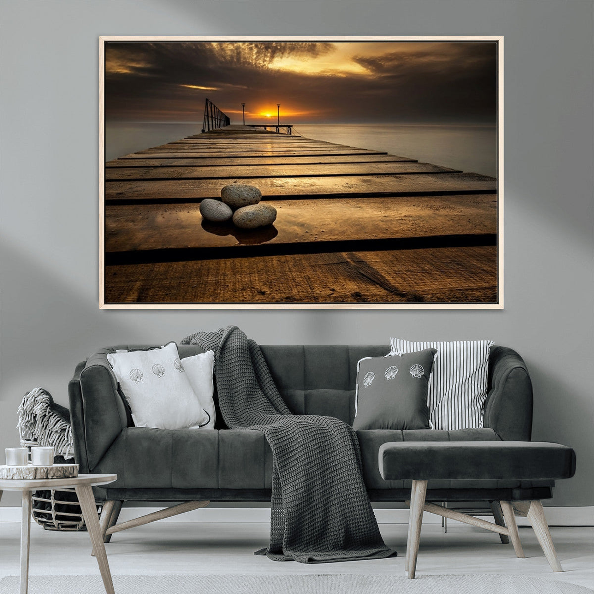Stones on Wooden Pier at Sunset Canvas Print, Serene Coastal