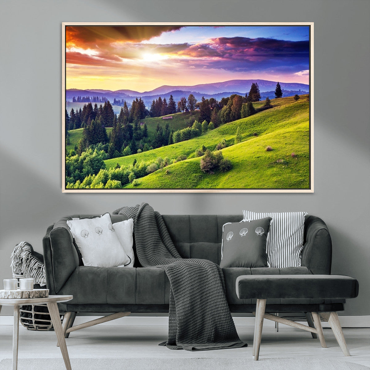 Green Hills and Sunset Wall Art Print - Scenic Landscape