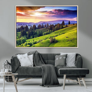 Green Hills and Sunset Wall Art Print - Scenic Landscape