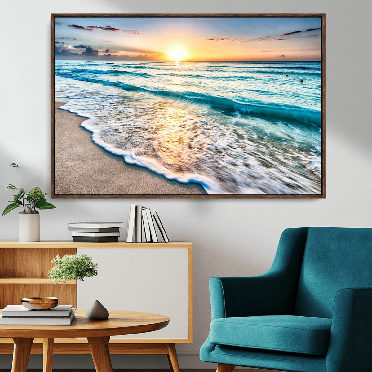 Sunset Beach Waves Canvas Wall Art – 5-Panel Ocean Sunset