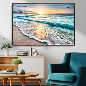 Sunset Beach Waves Canvas Wall Art – 5-Panel Ocean Sunset