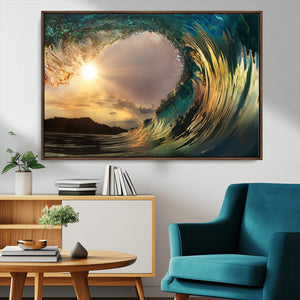Golden Wave Sunset Canvas Print – Large Coastal Wall Art for