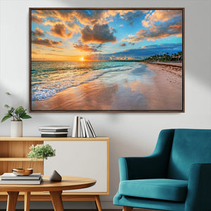 Sunset Ocean Waves on Tropical Beach, 3-Panel Giclee Canvas