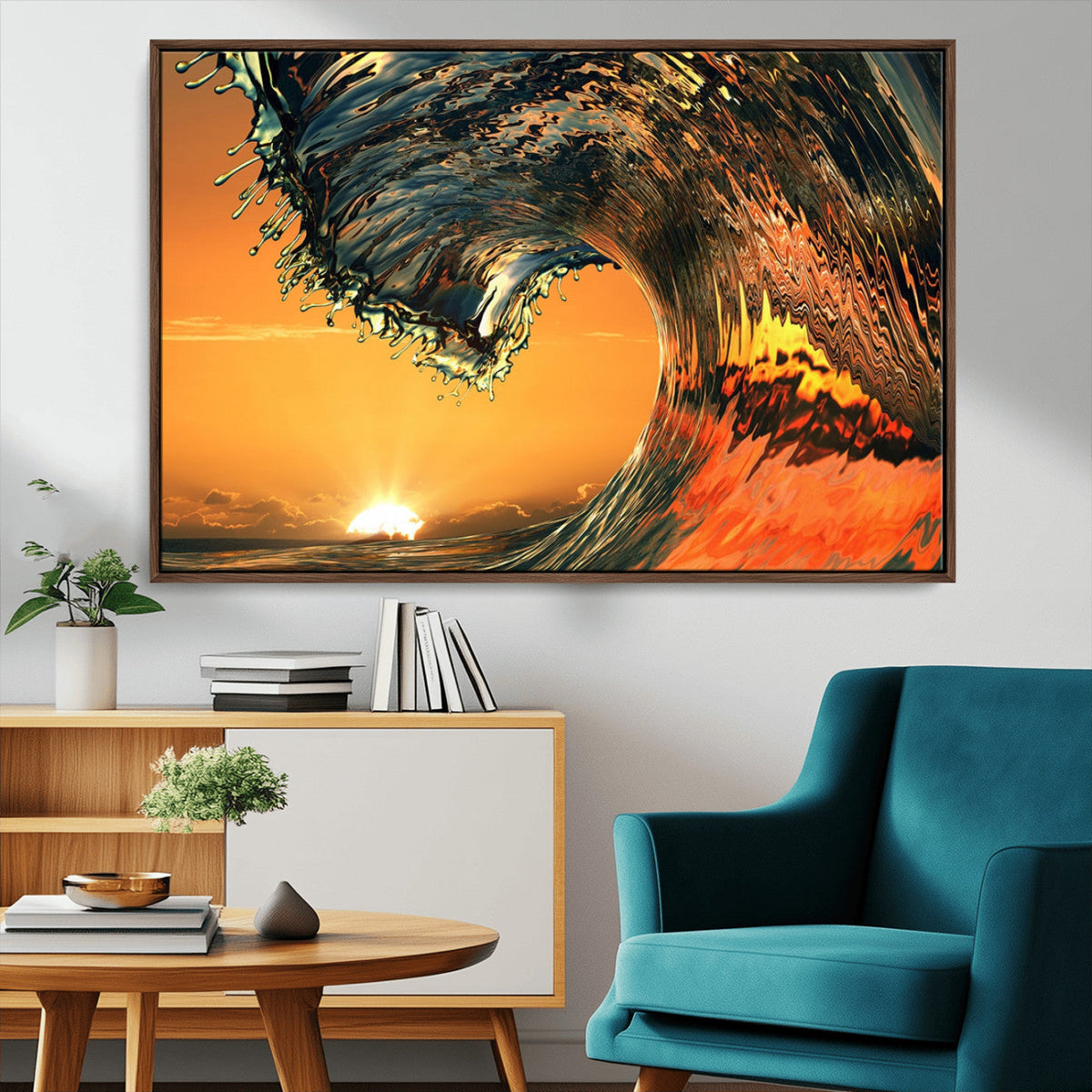 Surf Wave Sunset Canvas Wall Art Print, 3-Panel Ocean