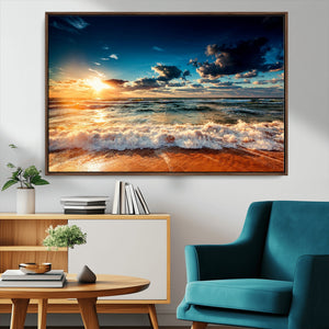 Golden Hour Sunset Over Ocean Waves Wall Art Canvas Print |