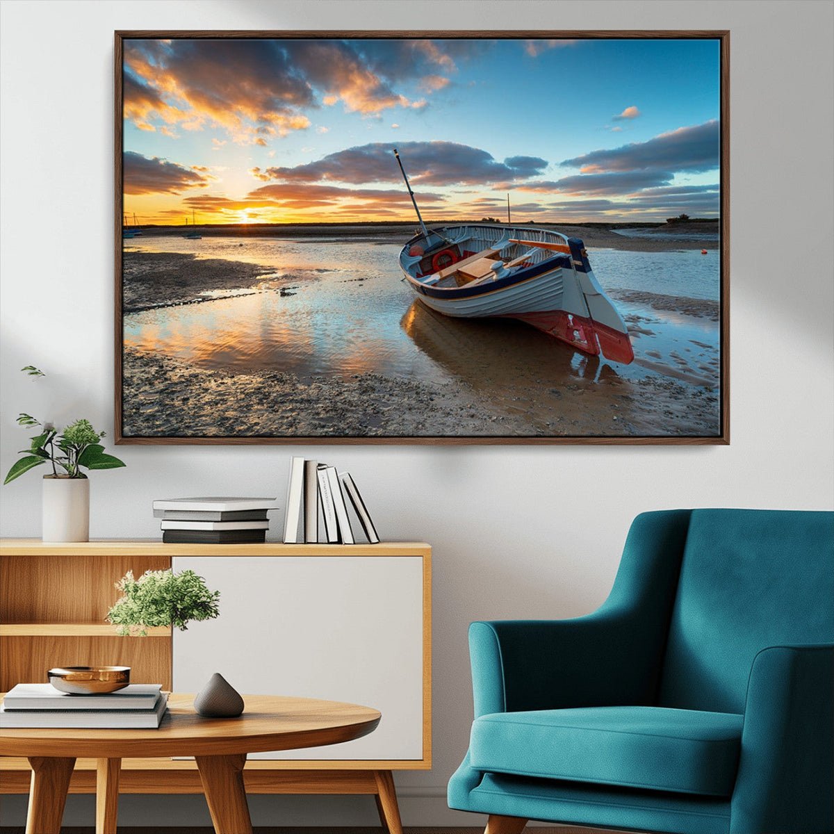 Small Boat At The Beach Sunset Wall Art, Boat Sunset Wall
