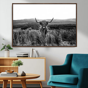 Black and White Highland Cow Canvas Wall Art, Longhorn