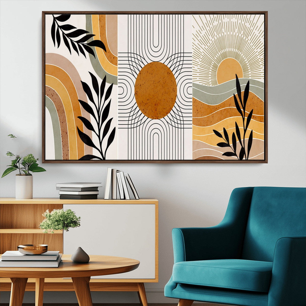 Modern Boho Sun and Leaf Abstract Art – 3-Panel Giclée